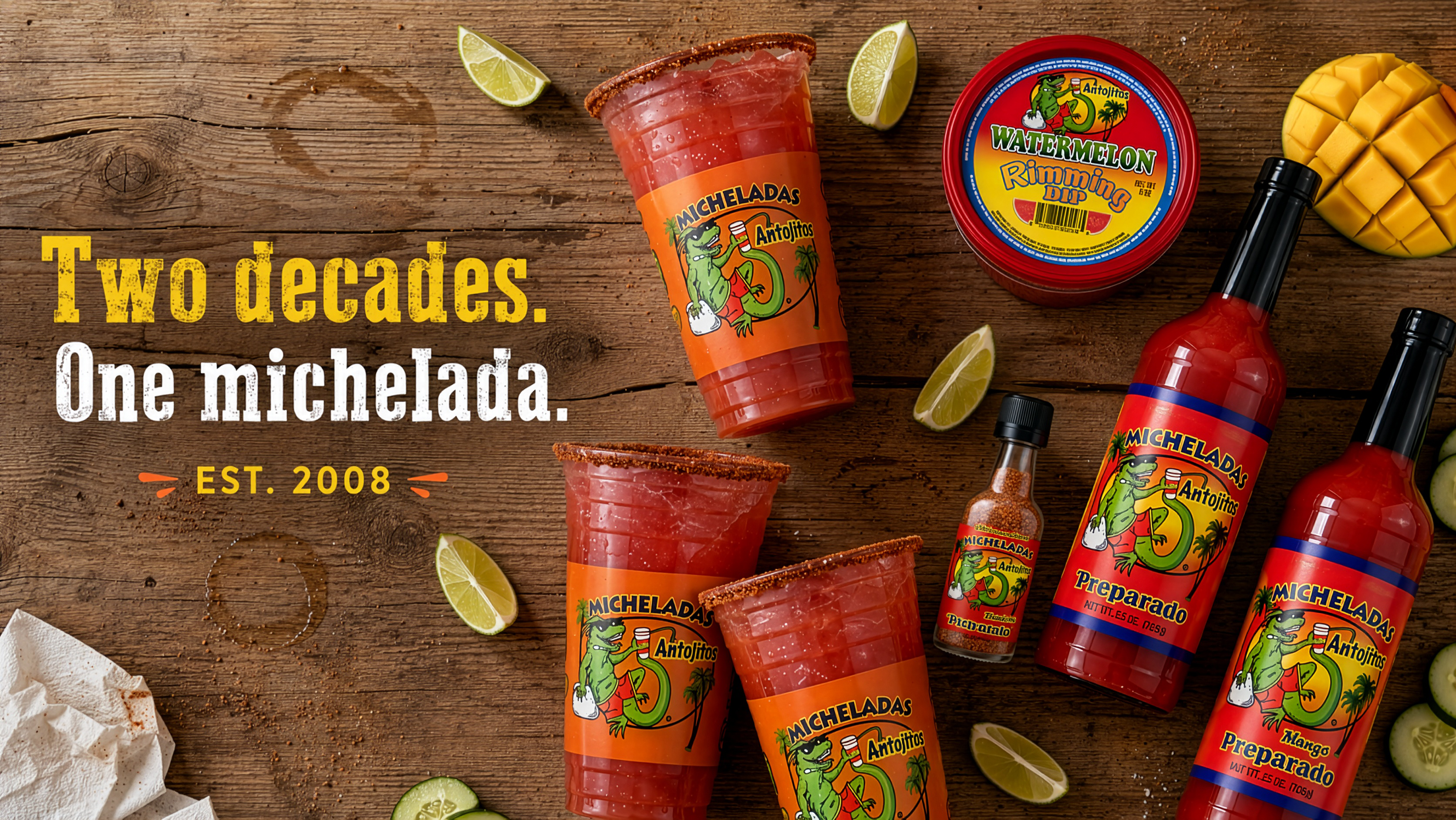 Micheladas Antojitos y Mas hero — overhead flat-lay backyard party (3344x1882)